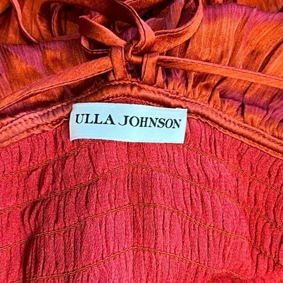 ULLA JOHNSON 70s Silk Tiered Ruffle Smocked Off Shoulder Sleeveless Maxi Gown 0 - Picture 10 of 12